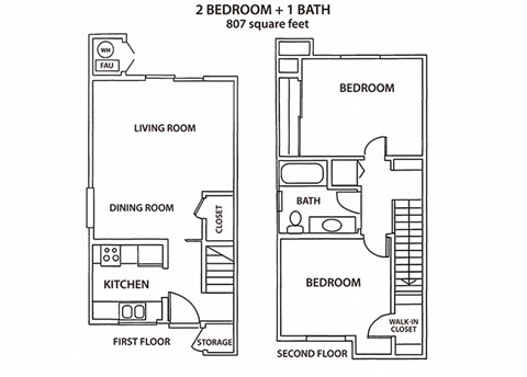 Floor plan for 2 beds, 1 bath, 807 sqft